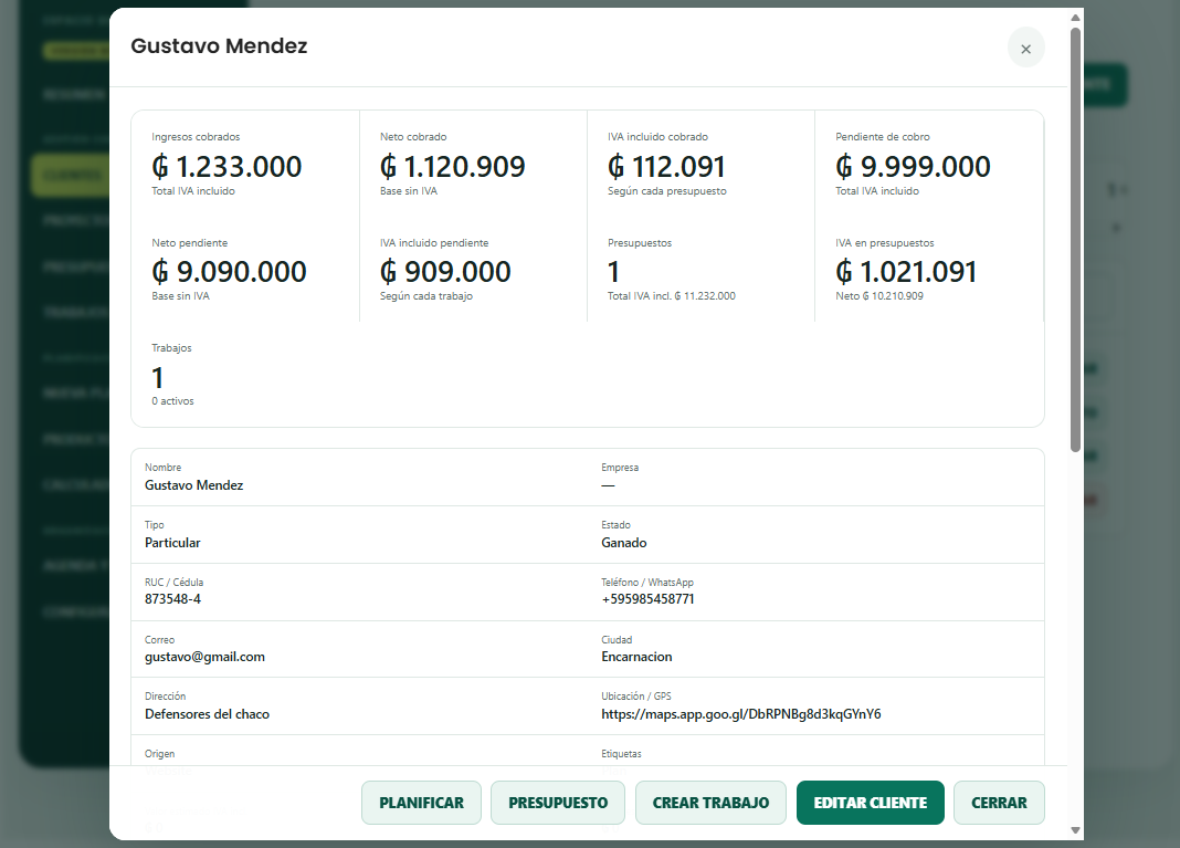 Ficha detallada y resumen económico de un cliente