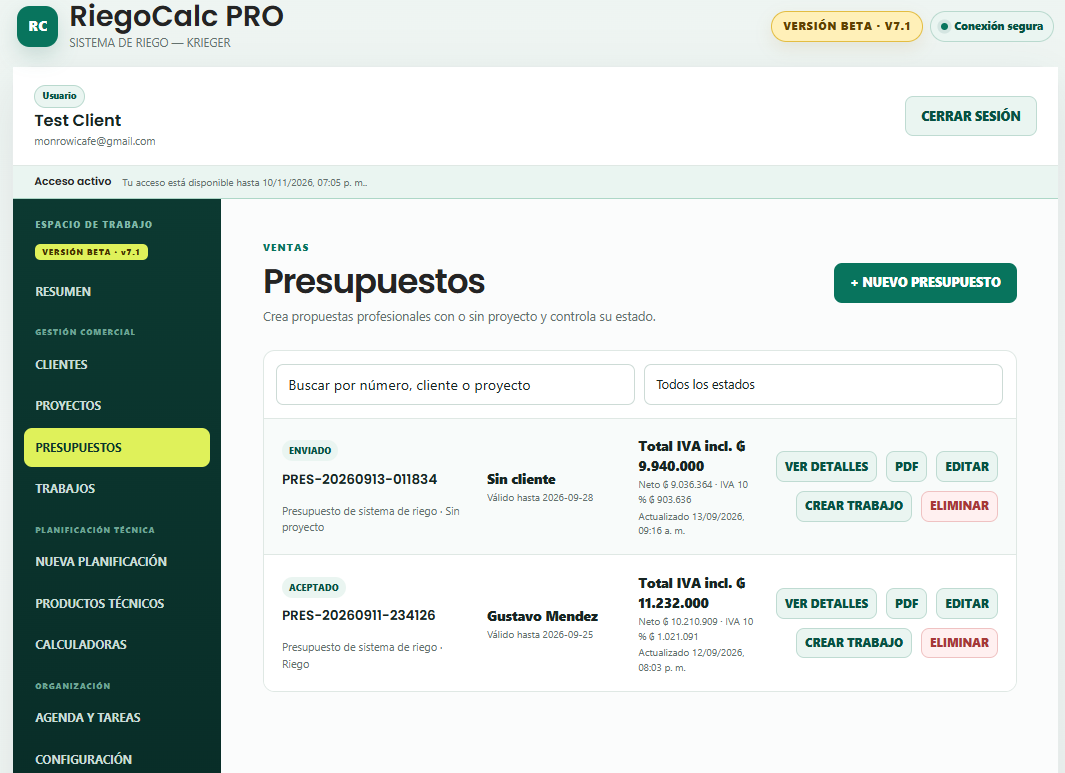 Listado de presupuestos profesionales
