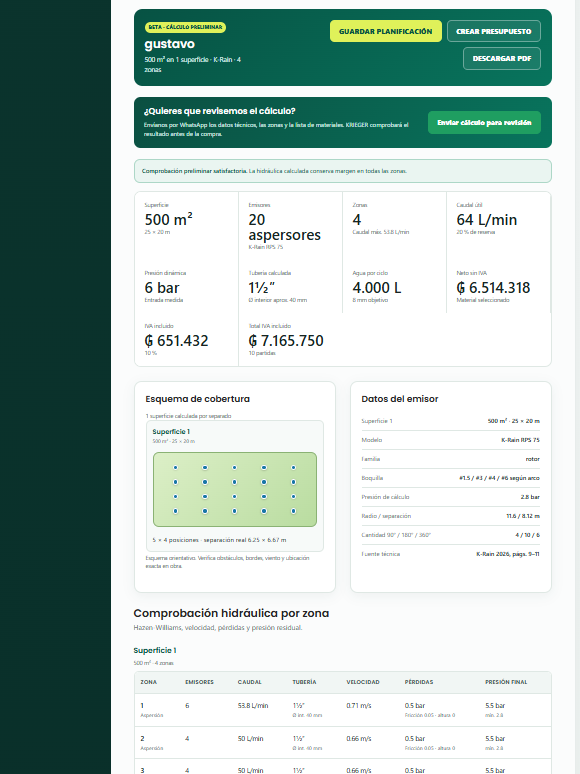 Resultados de una planificación de riego en la vista móvil de RiegoCalc