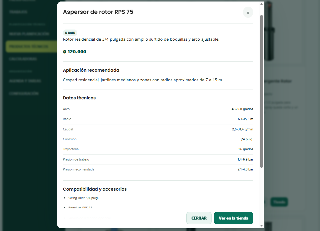 Ficha técnica de un aspersor dentro de RiegoCalc