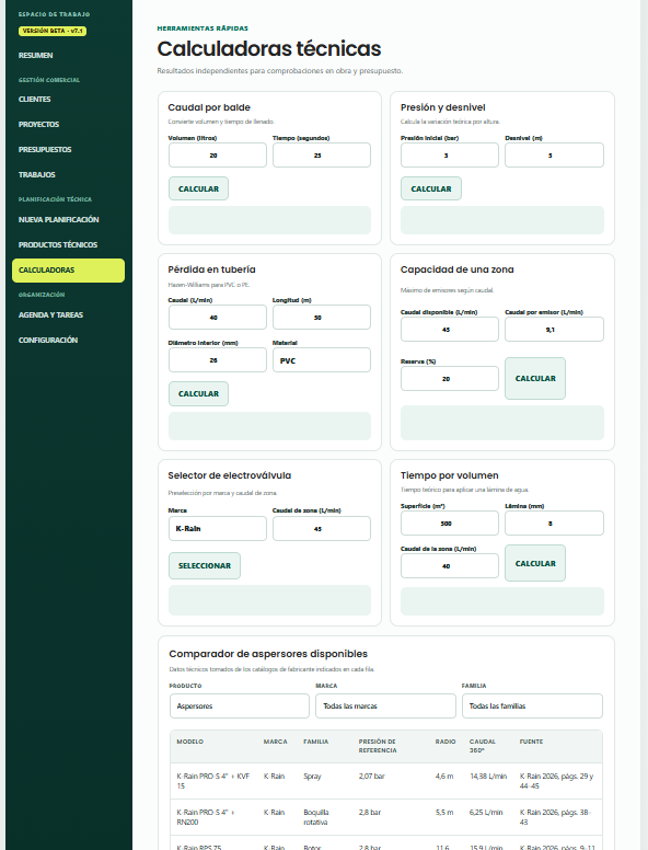 Módulo de calculadoras técnicas de RiegoCalc