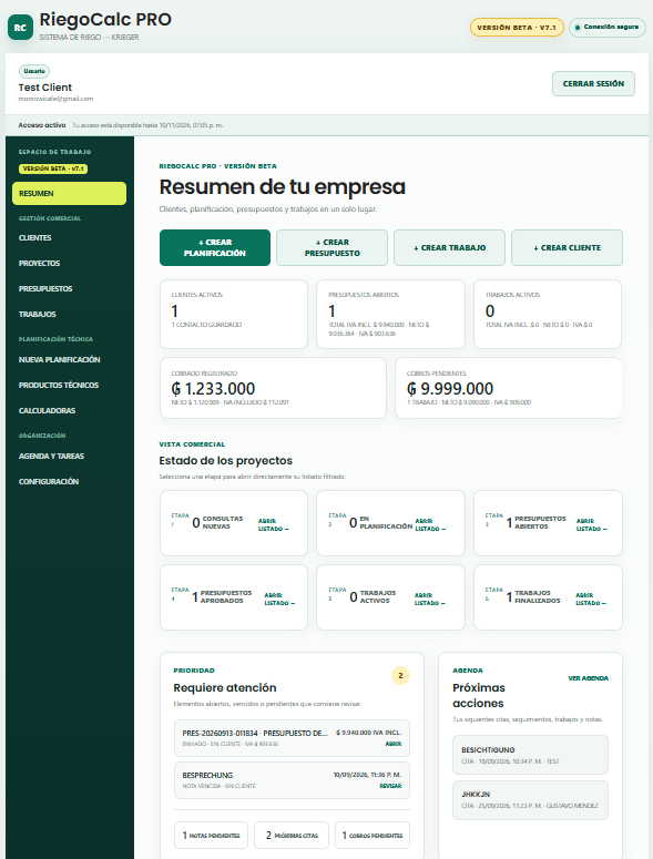 Panel Resumen de RiegoCalc PRO BETA mostrado en una laptop